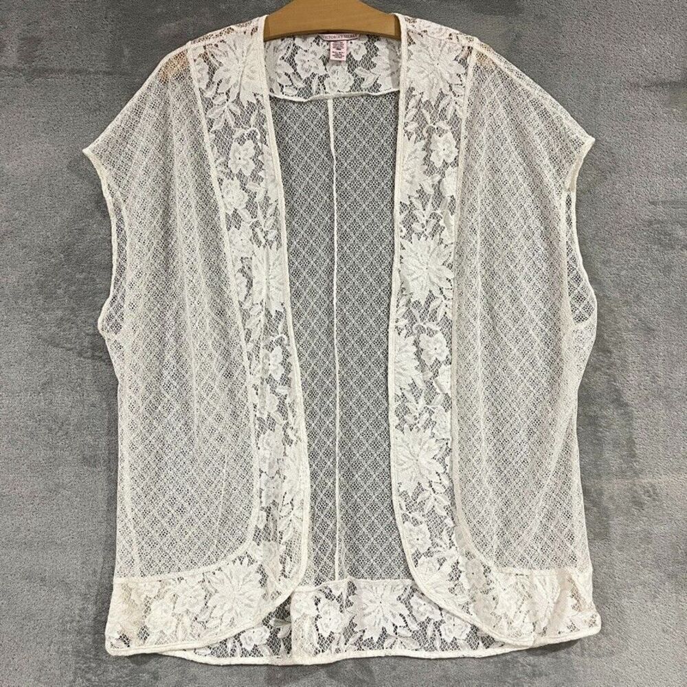 Victorias Secret Off White Lace Open Front Kimono Robe Sleep Shrug Sz XS/ S